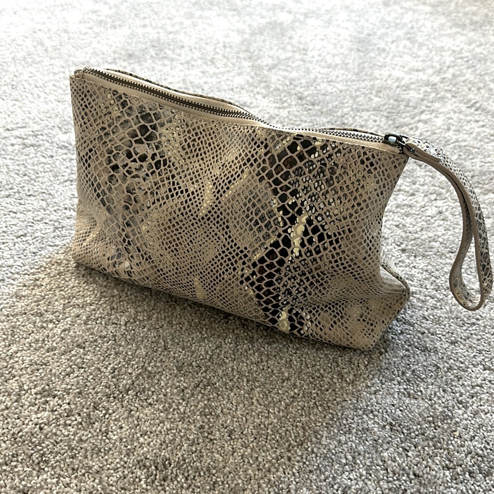 ANTHROPOLOGIE tan genuine leather snake print oversized wristlet clutch